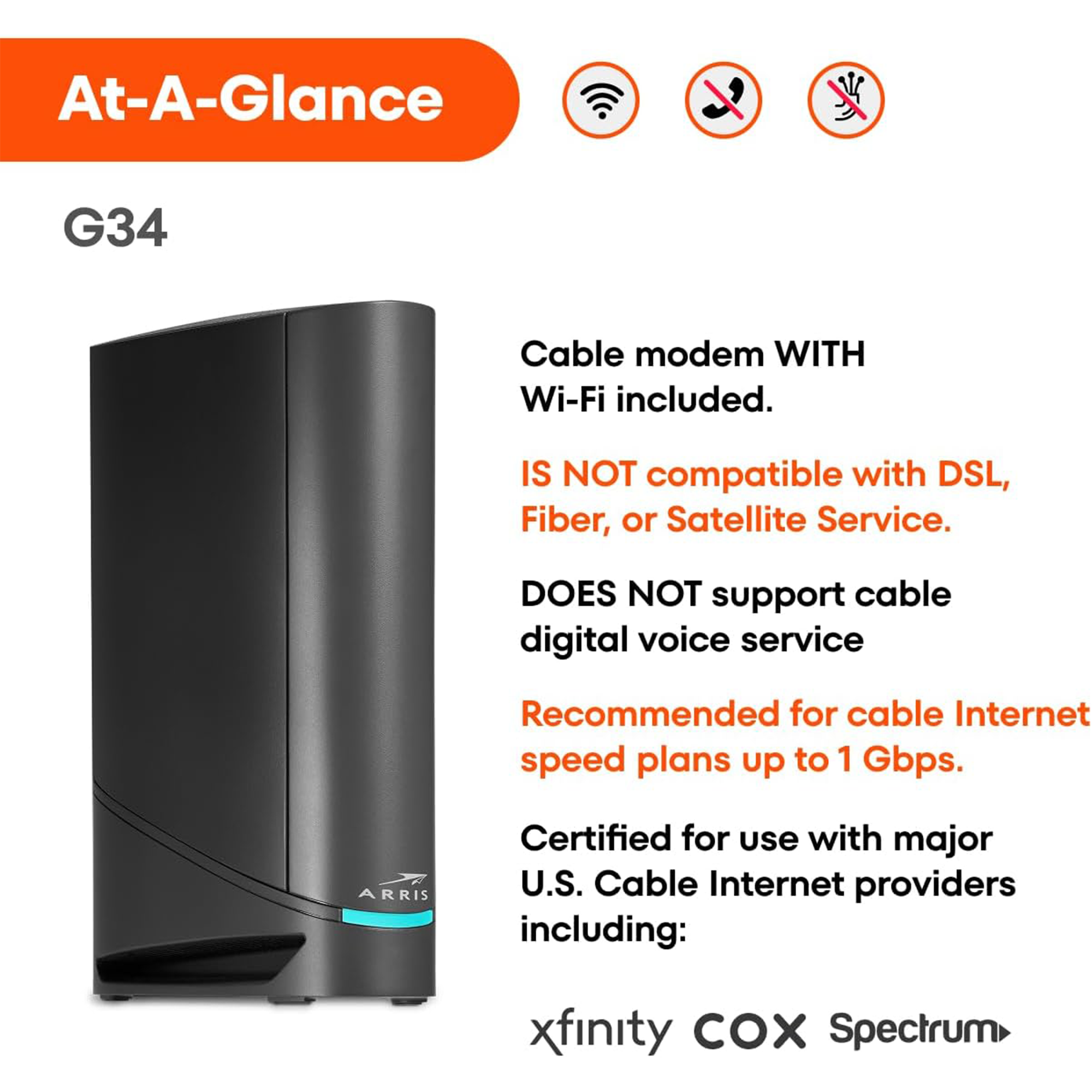 ARRIS SURFboard G34 AX3000 Dual-Band DOCSIS 3.1 Cable Modem Router