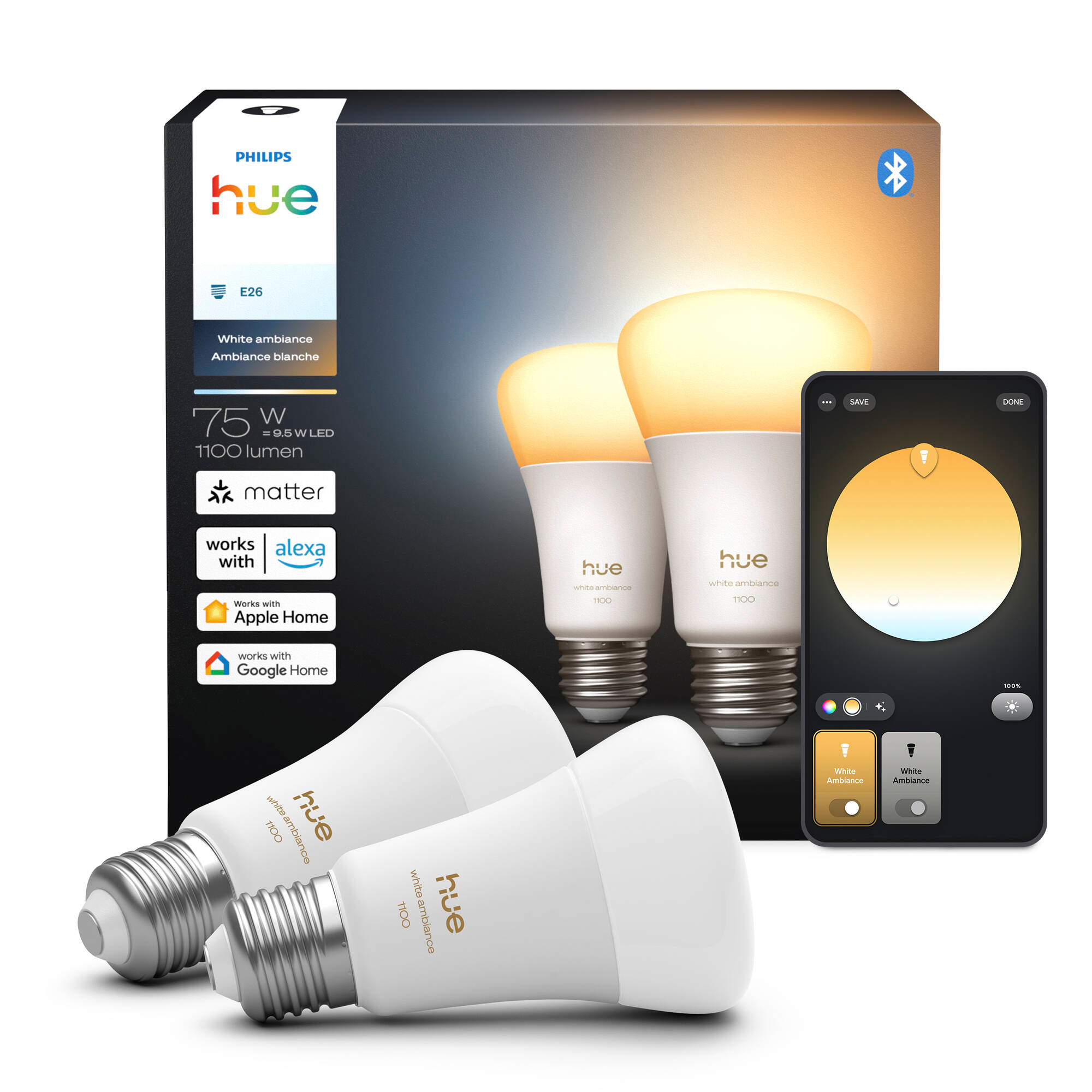 Philips Hue Smart LED A19 Bulb with Matter and Bluetooth In White Ambiance (2-Pack) - 591131