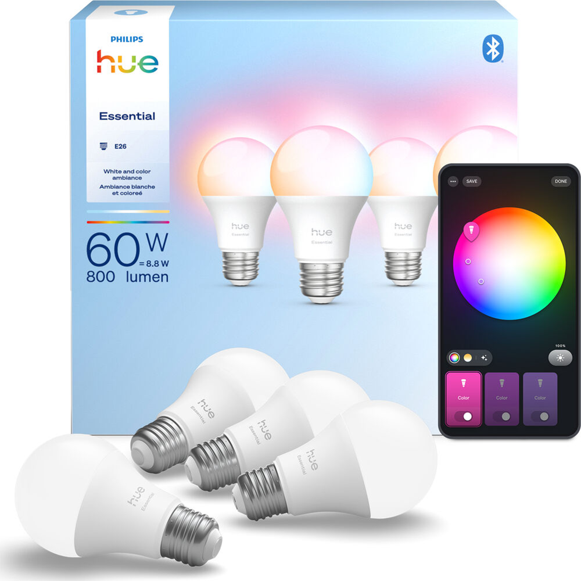 Philips Hue Essential Smart LED A19 Bulb with Matter and Bluetooth In White & Color Ambiance (4-Pack) - 592592