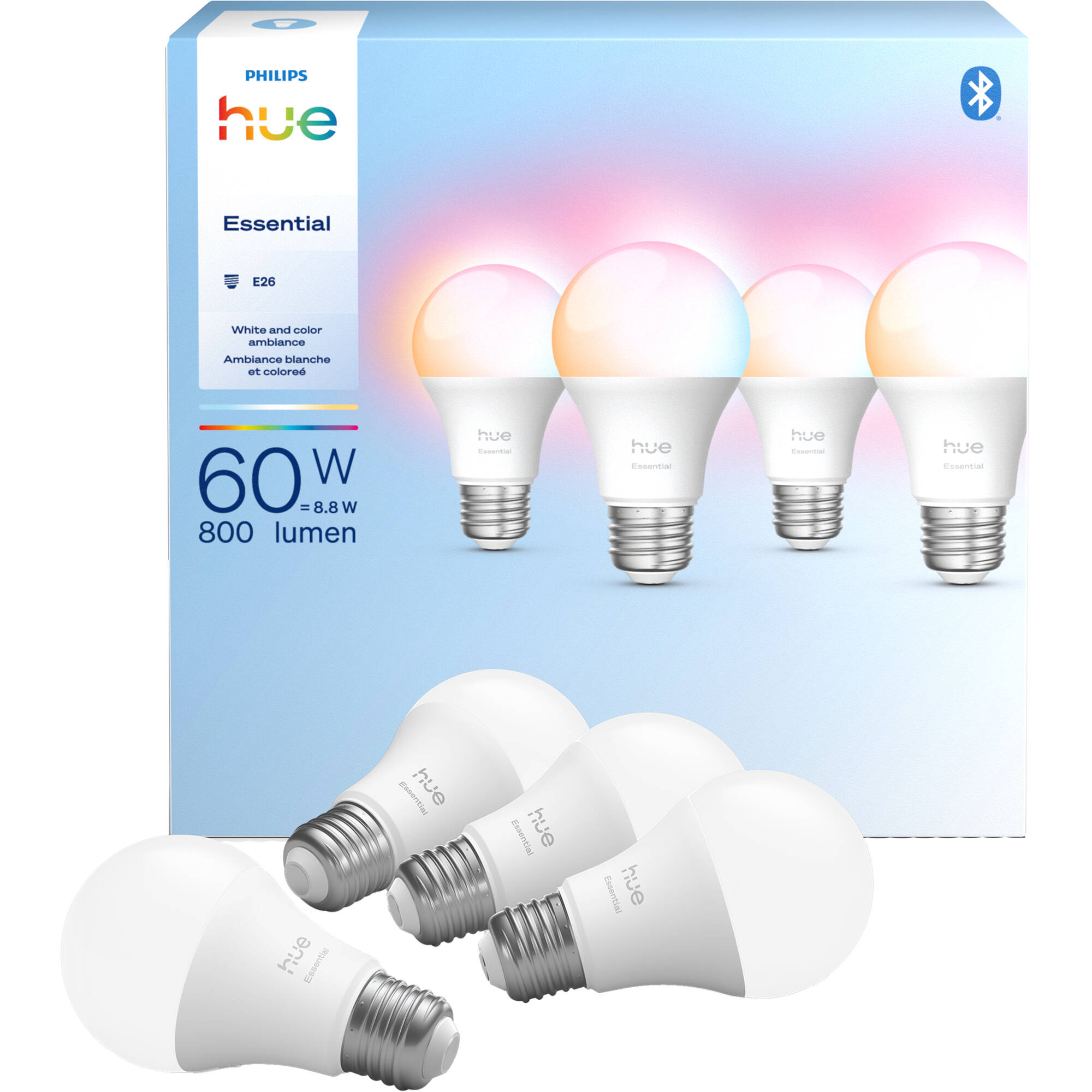 Philips Hue Essential Smart LED A19 Bulb with Matter and Bluetooth In White & Color Ambiance (4-Pack) - 592592