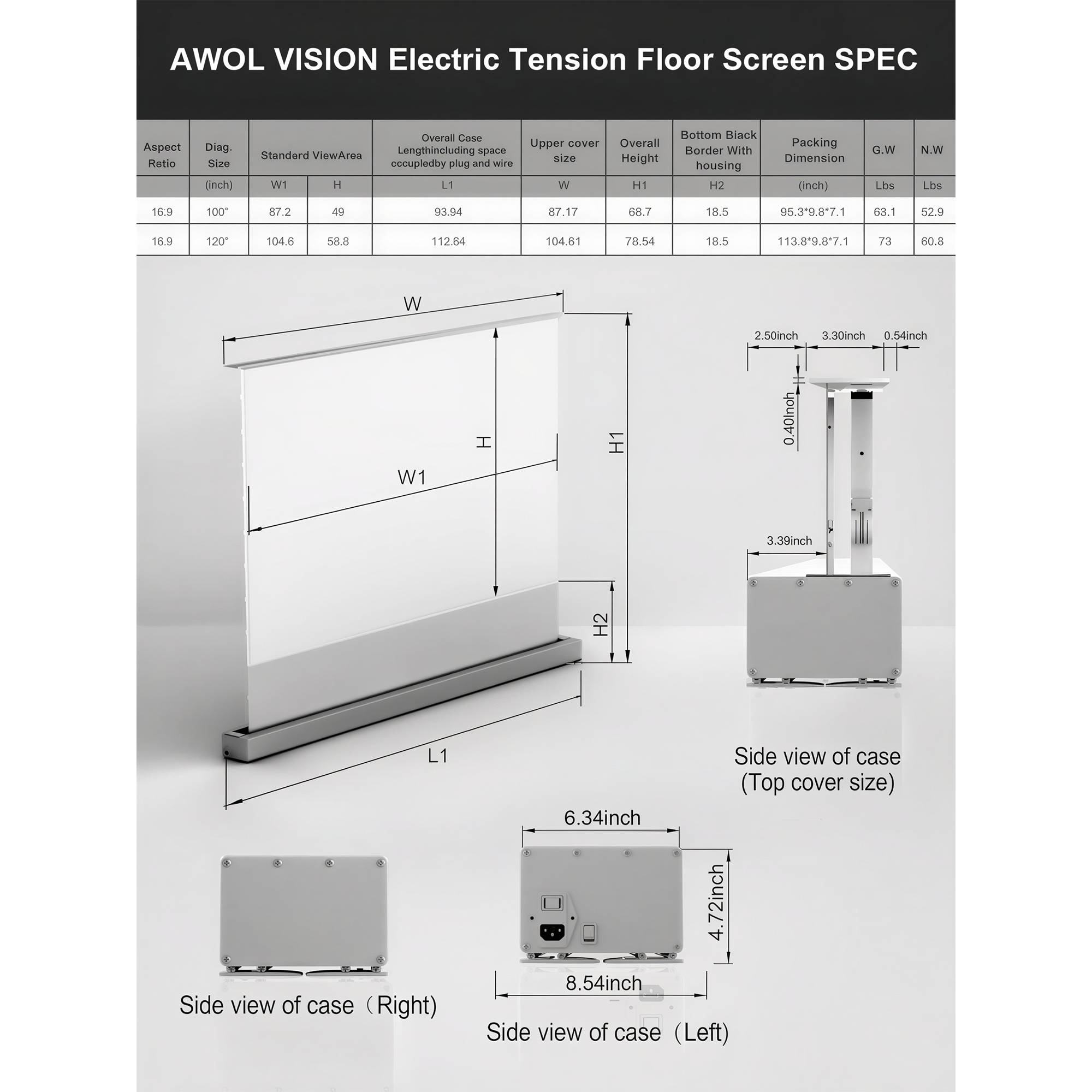 AWOL VISION 100" Cinematic+ ALR Motorized Floor Rising Acoustic Screen - ALR-F210C