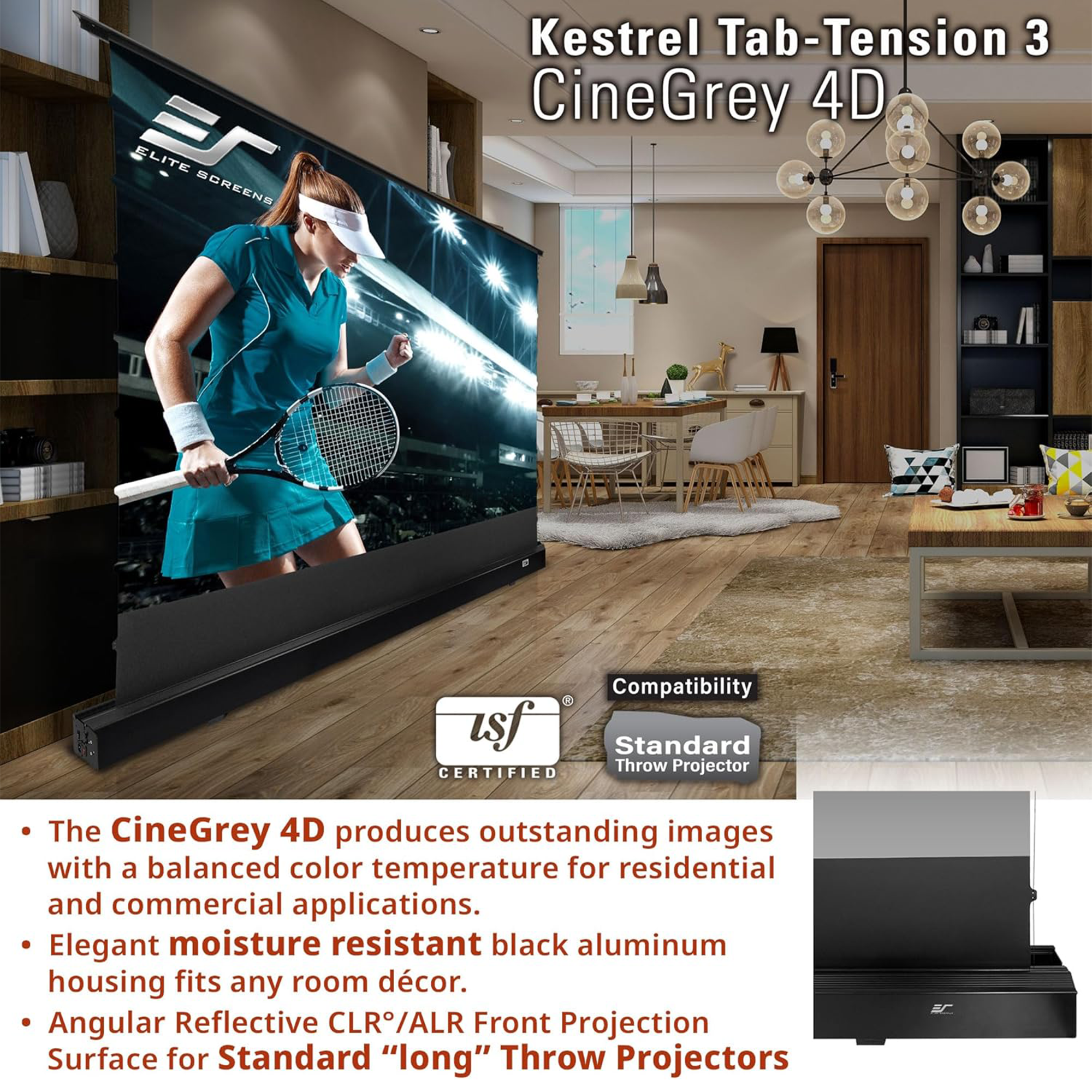 Elite Screens Kestrel Tab-Tension 3 FTE122H3-C4D 122" ALR Floor-Rising Electric Projection Screen