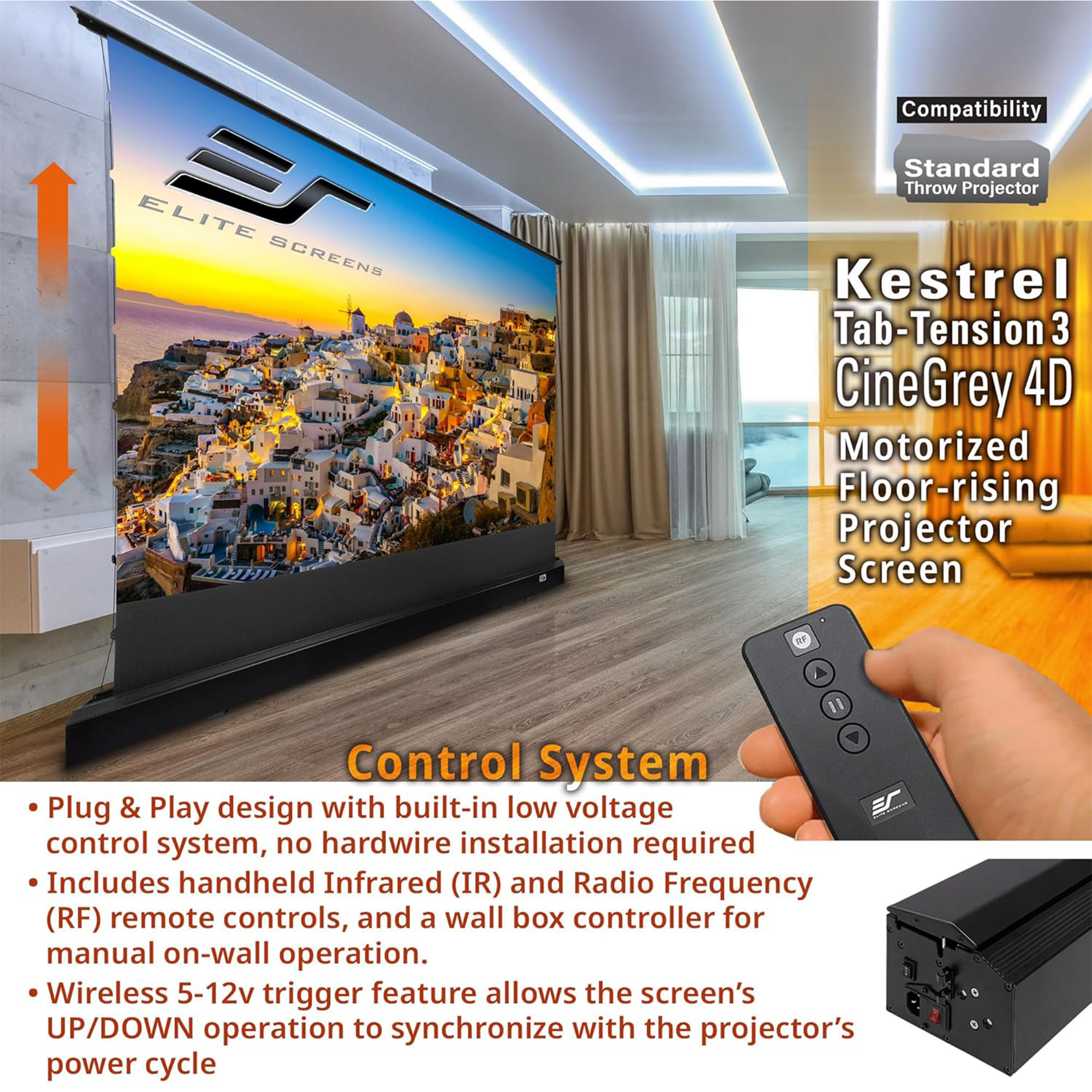 Elite Screens Kestrel Tab-Tension 3 FTE122H3-C4D 122" ALR Floor-Rising Electric Projection Screen