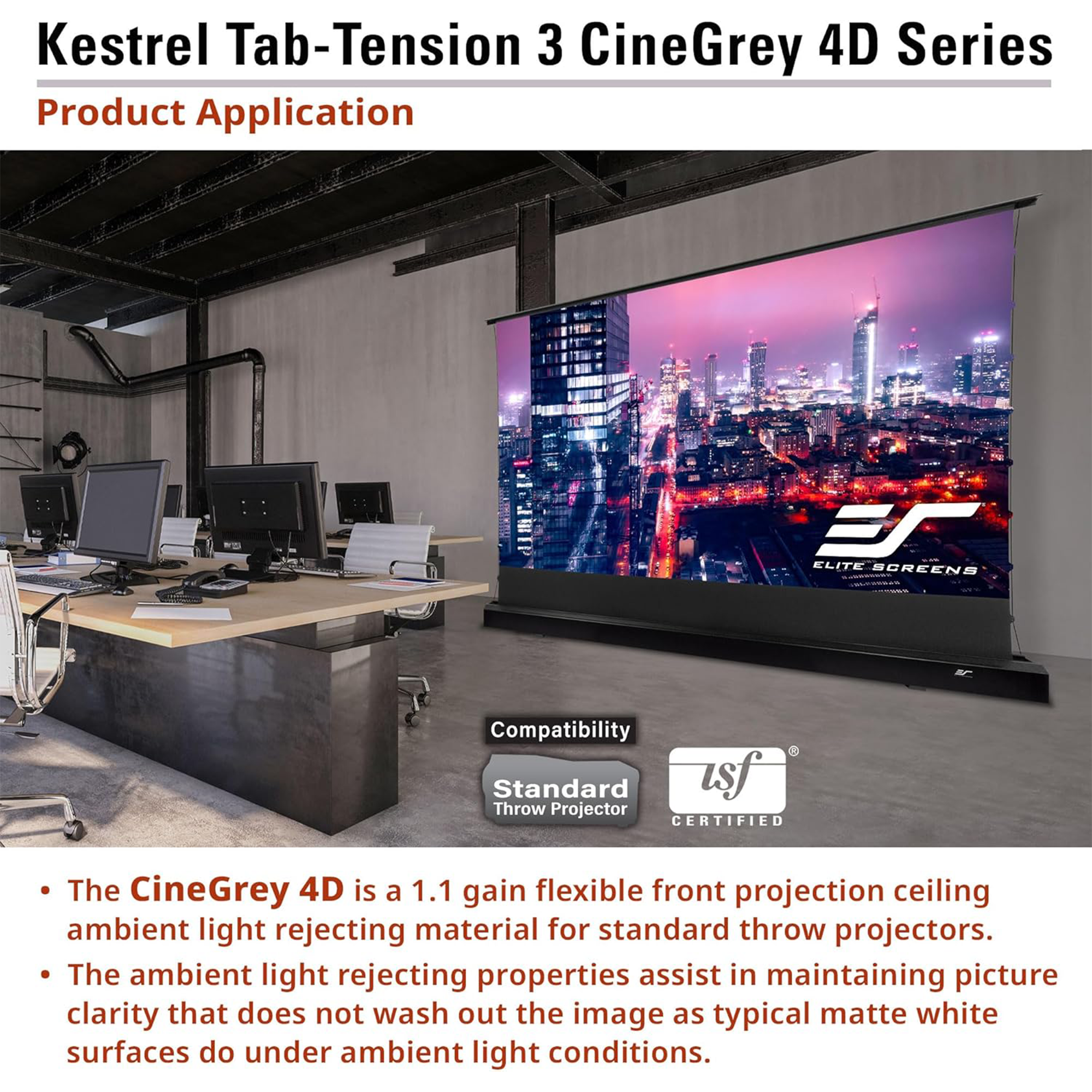 Elite Screens Kestrel Tab-Tension 3 FTE122H3-C4D 122" ALR Floor-Rising Electric Projection Screen