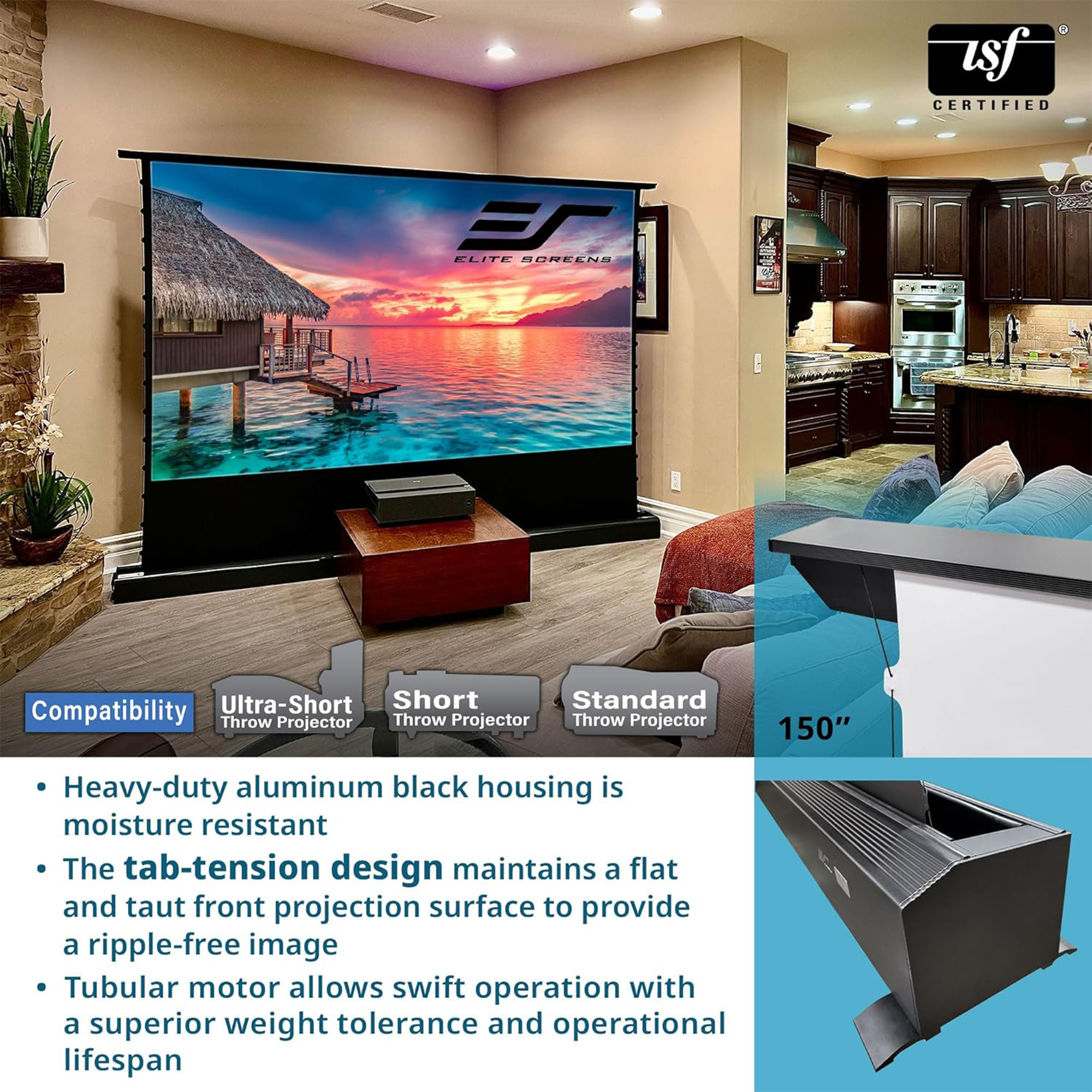 Elite Screens Kestrel Tab-Tension 3 FTE150H3 150" Electric Floor-Rising Projection Screen