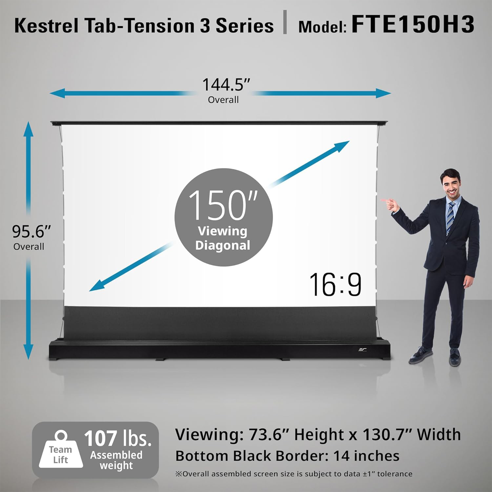Elite Screens Kestrel Tab-Tension 3 FTE150H3 150" Electric Floor-Rising Projection Screen