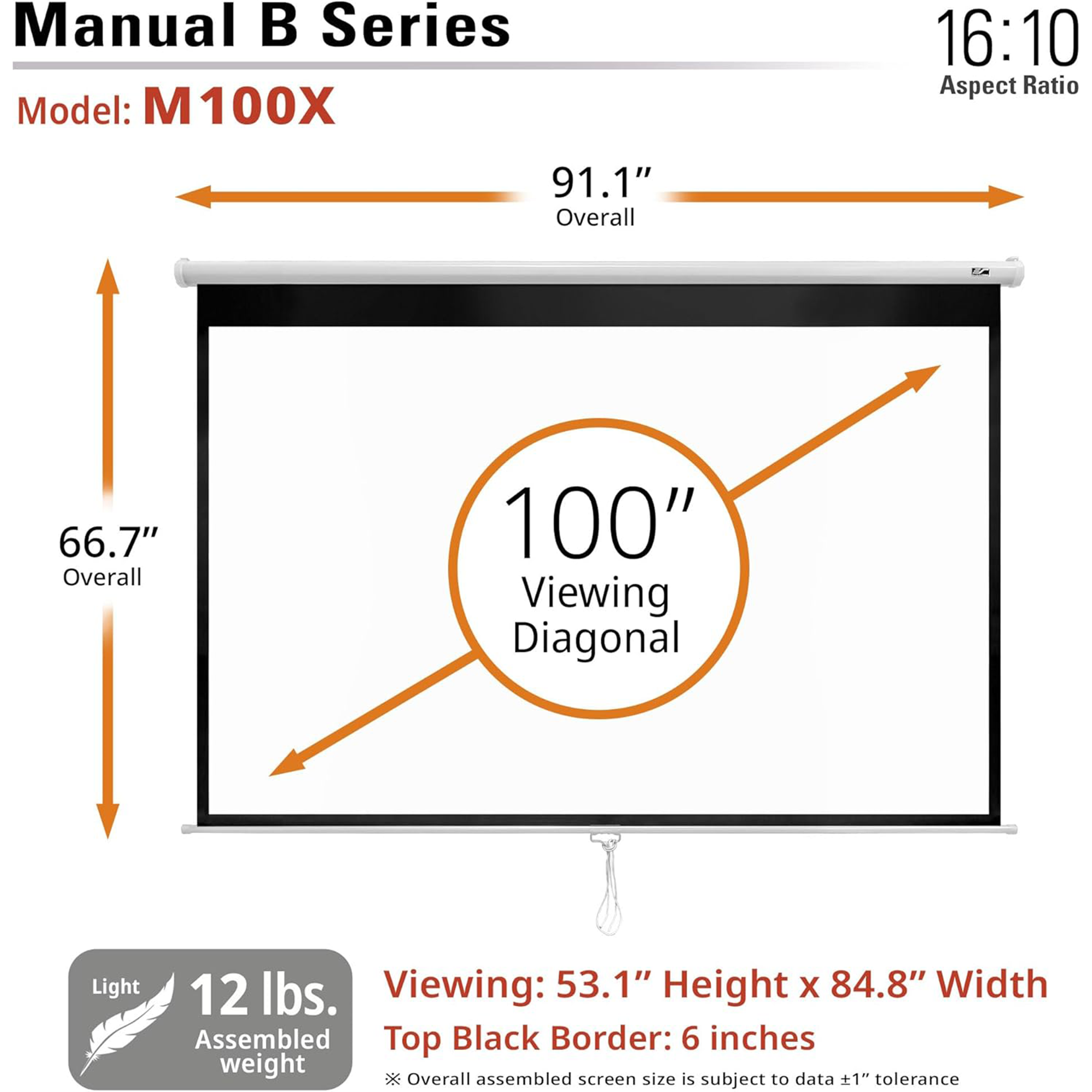 Elite Screens Manual B Series 100" Projection Screen - White