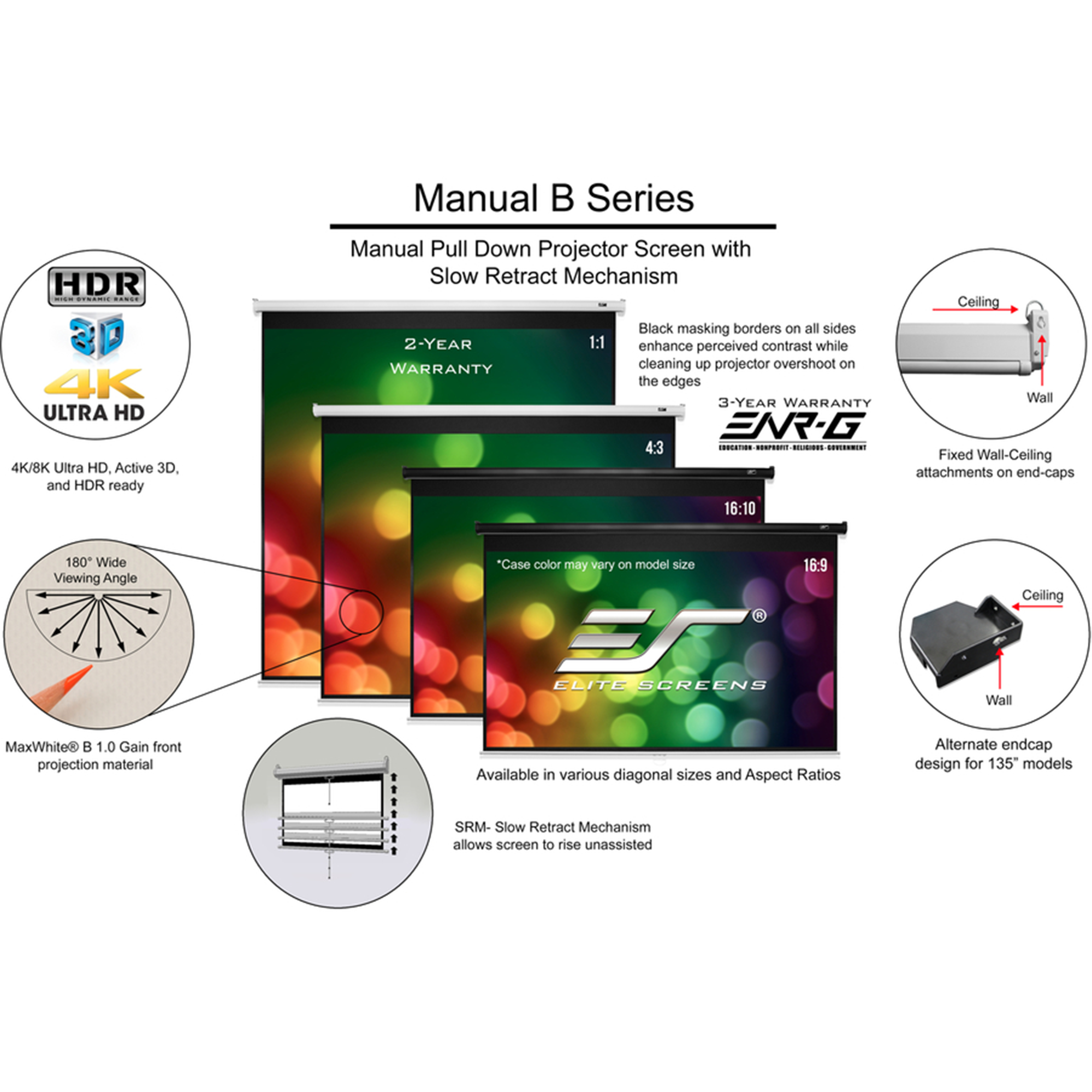 Elite Screens Manual B Series 100" Projection Screen - White