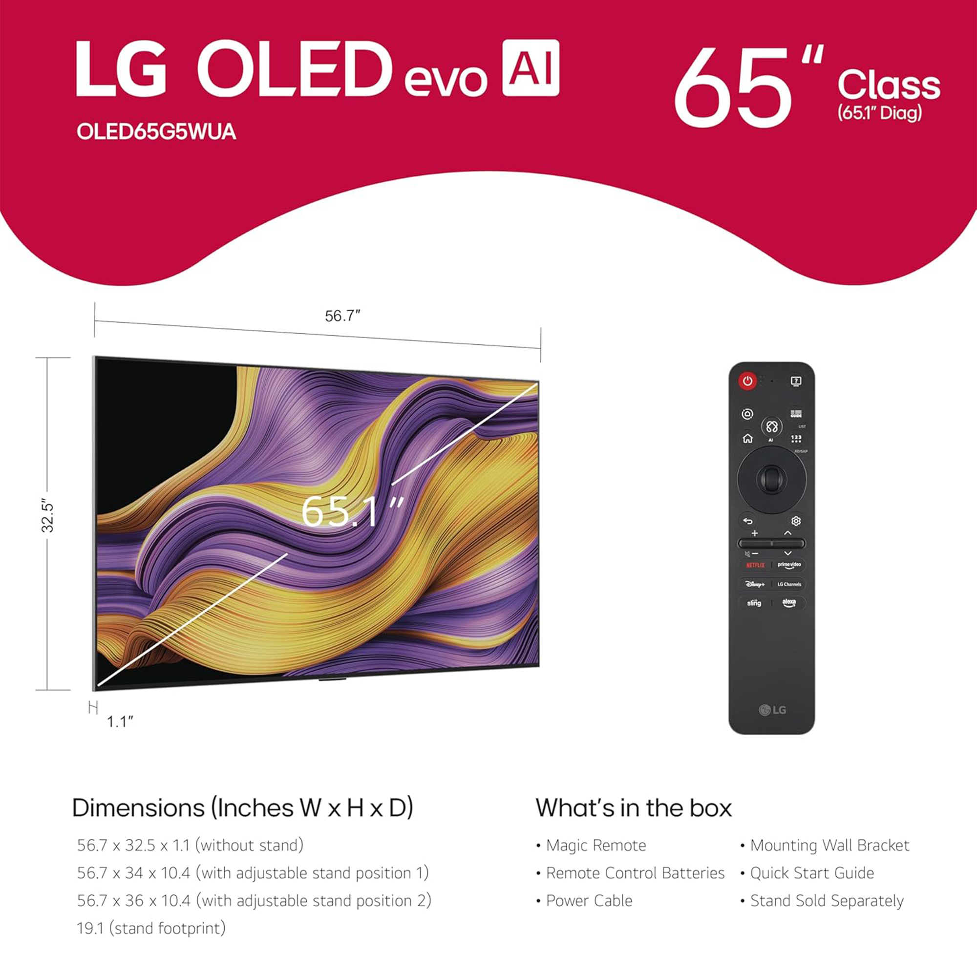 LG OLED evo AI G5 4K 65-Inch Smart TV with Supplied Wall Mount - OLED65G5WUA