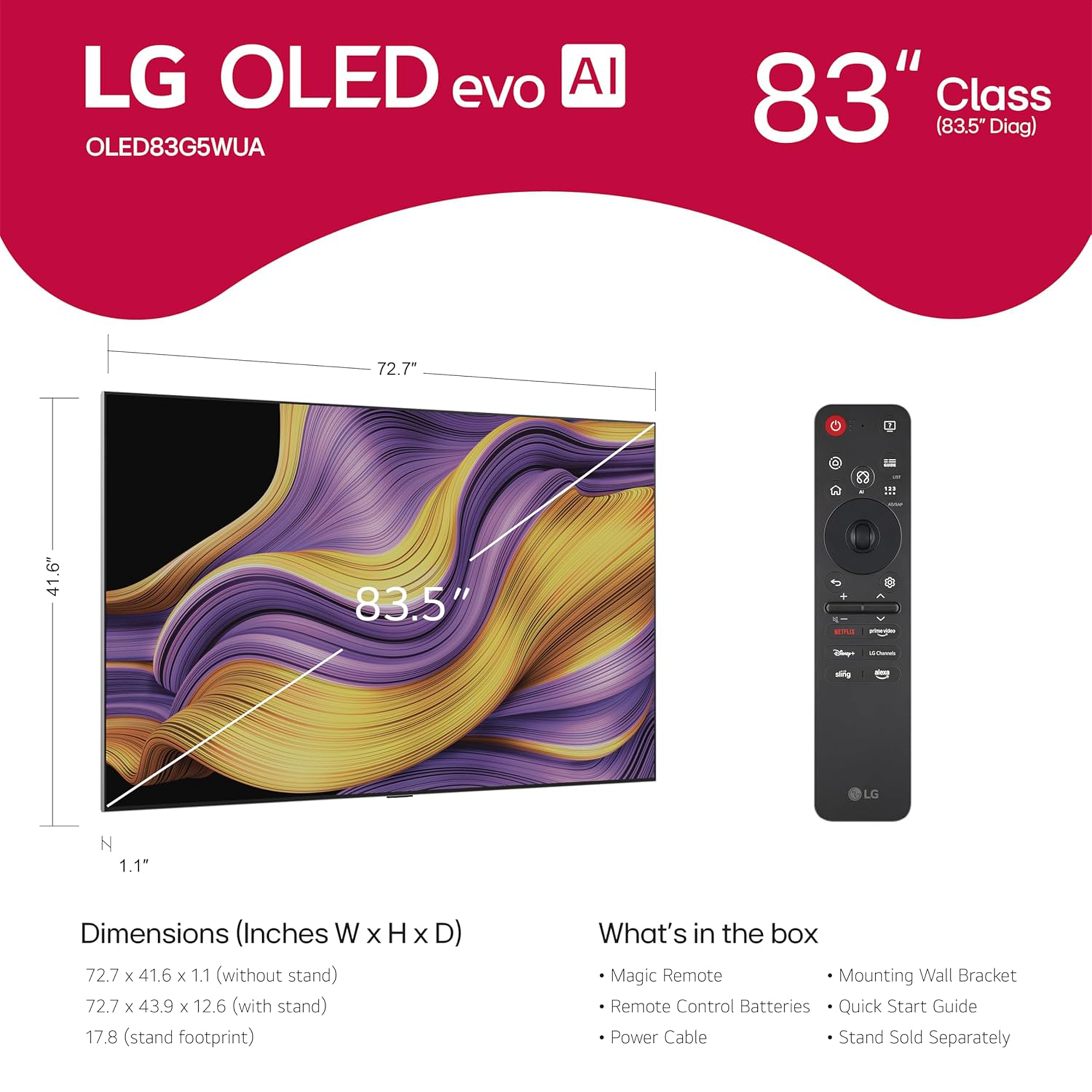 LG OLED evo AI G5 4K 83-Inch Smart TV with Supplied Wall Mount - OLED83G5WUA