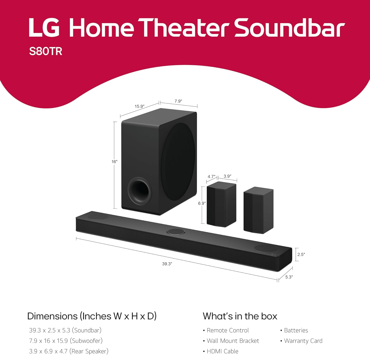 LG 5.1.3-Channel 580W Dolby Atmos Soundbar System with Wireless Rear Speakers and WOW Orchestra - S80TR