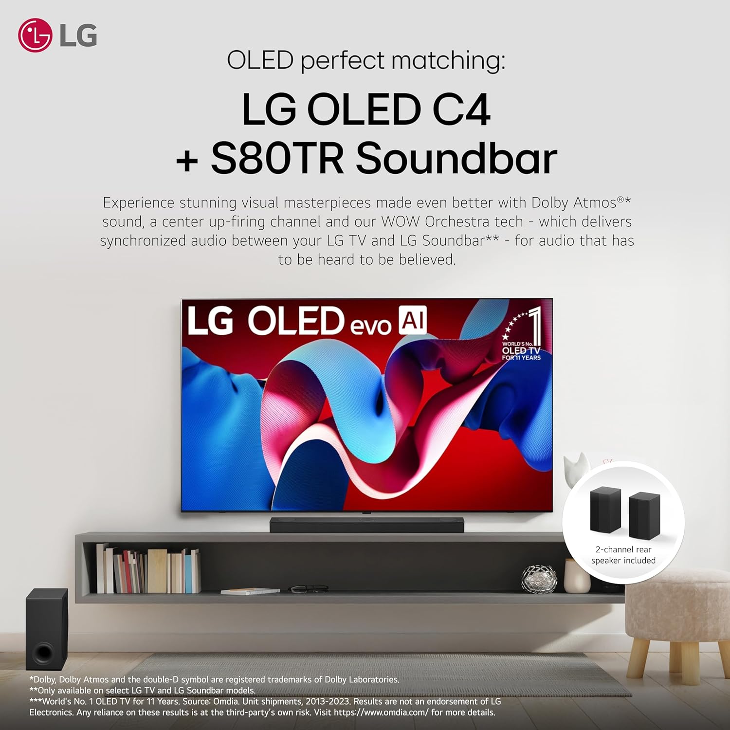 LG 5.1.3-Channel 580W Dolby Atmos Soundbar System with Wireless Rear Speakers and WOW Orchestra - S80TR
