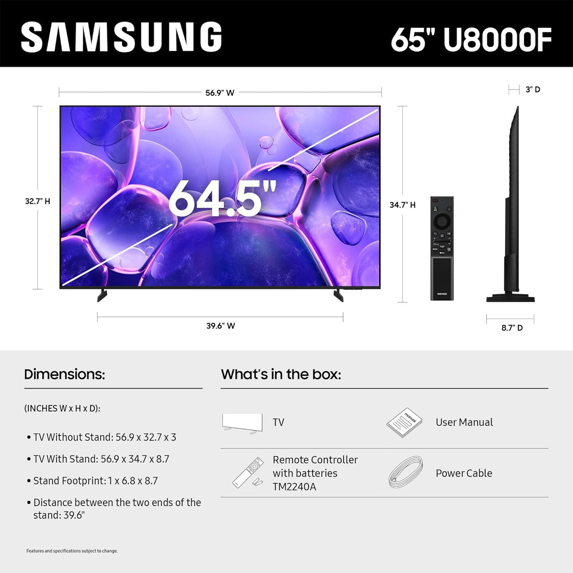 Samsung U8000F 65" 4K HDR Smart LED TV - UN65U8000FFXZA