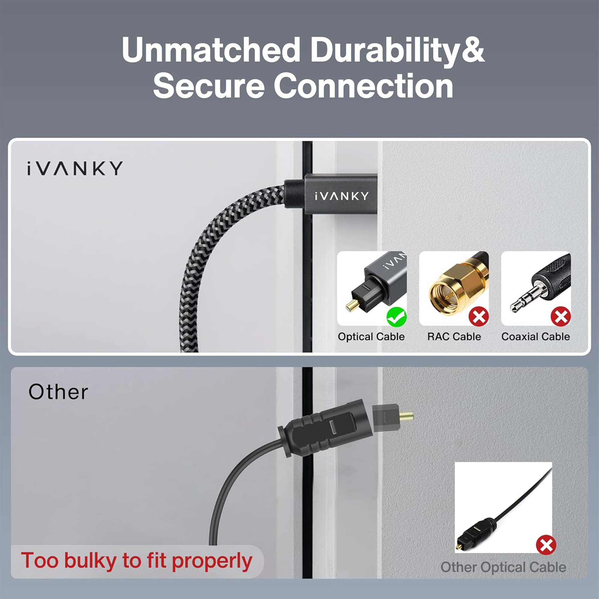 iVANKY Braided 15' Optical TOSLINK Audio Cable (Gray/Black)