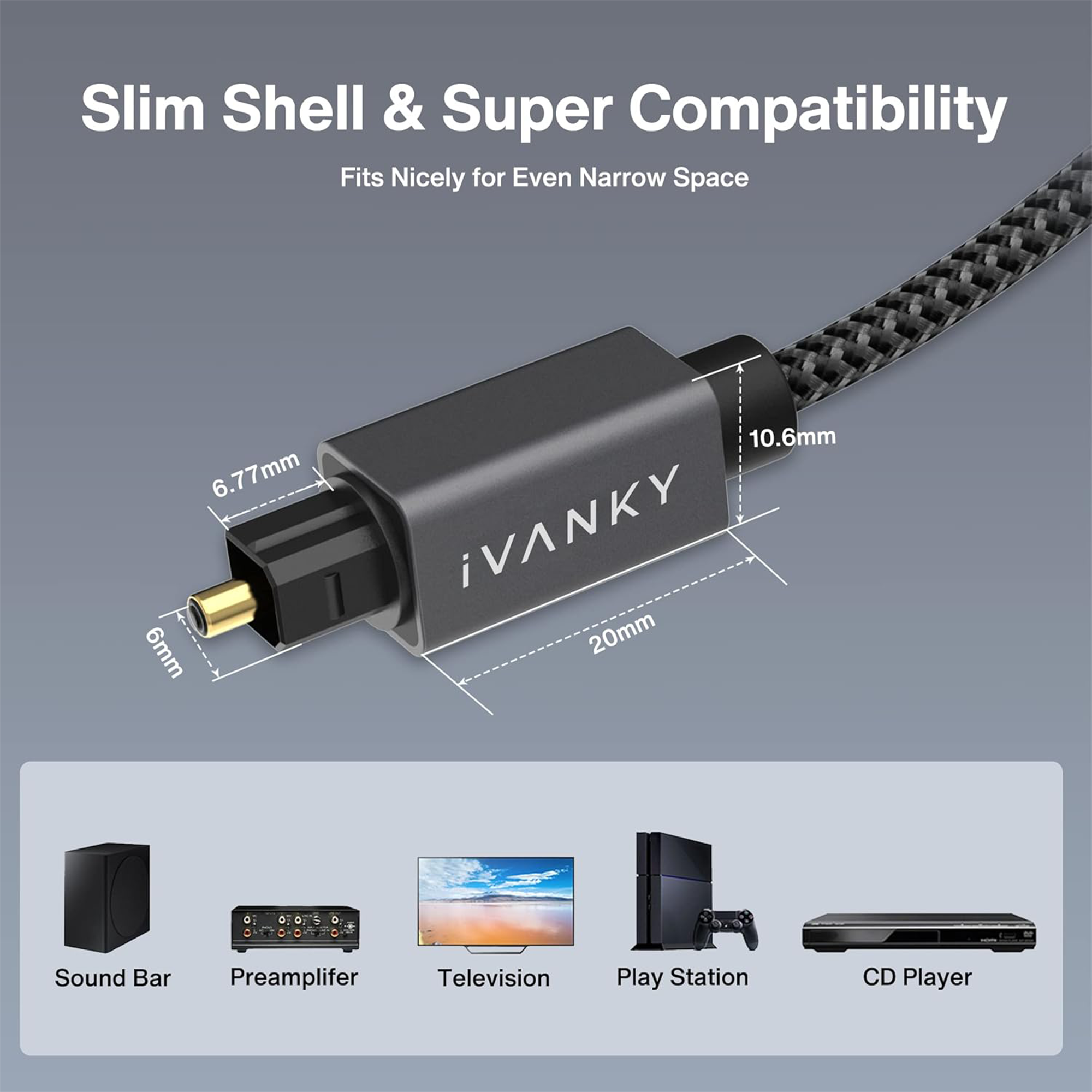iVANKY Braided 15' Optical TOSLINK Audio Cable (Gray/Black)