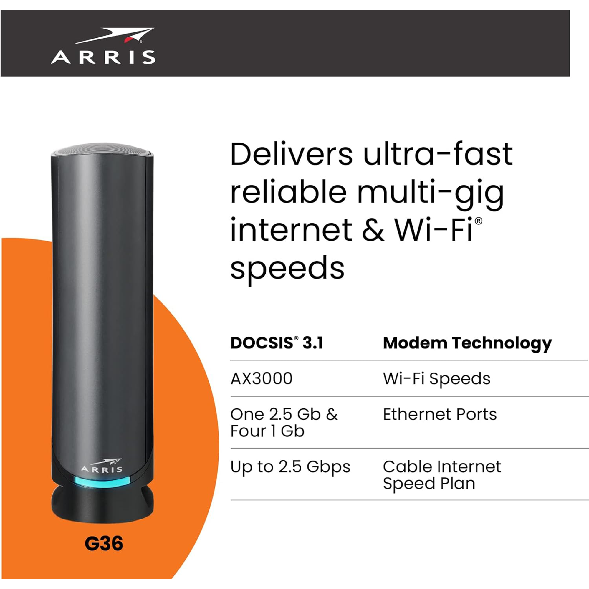 ARRIS SURFboard G36 AX3000 Dual-Band DOCSIS 3.1 Multi-Gig Cable Modem Router