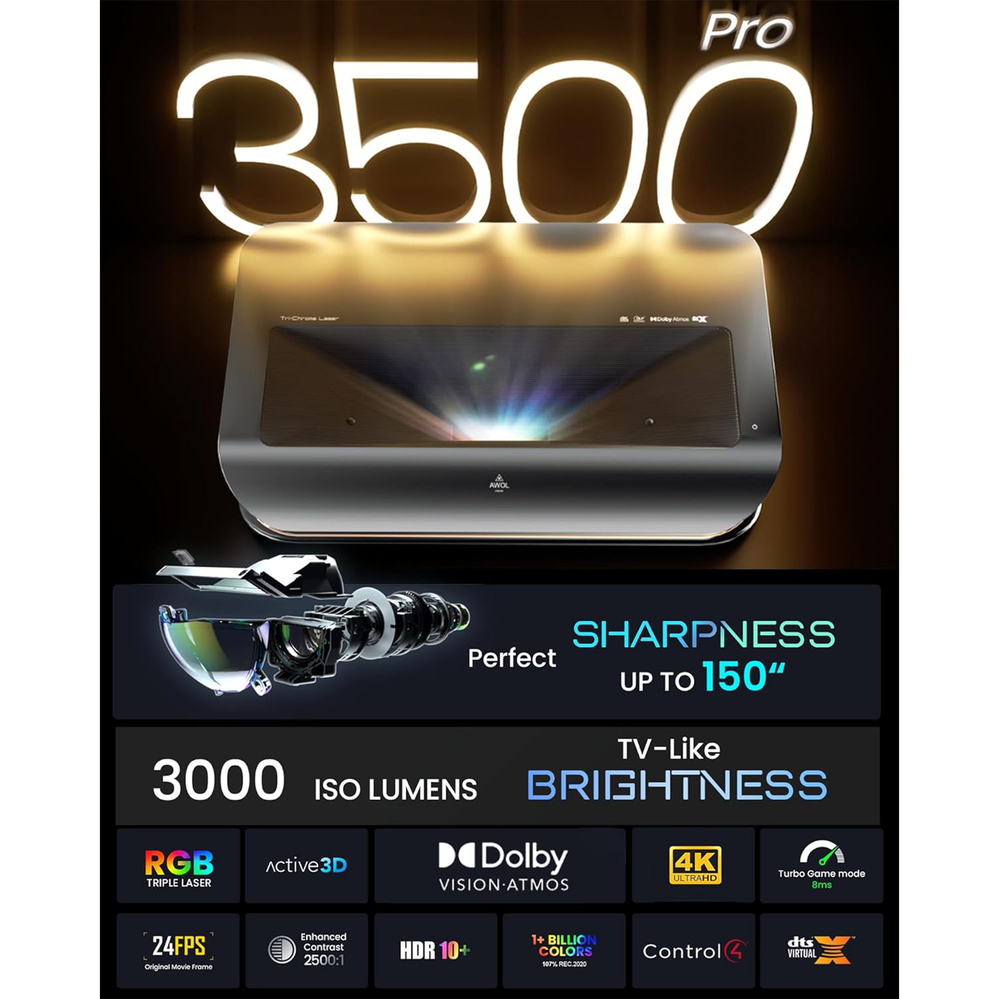 AWOL Vision LTV-3500 Pro 3000-Lumen XPR 4K 3D RGB Laser Projector