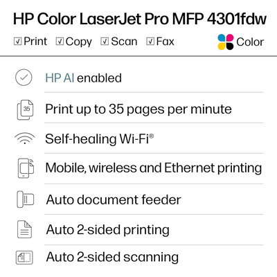 HP LaserJet Pro MFP 4301fdw Wireless Duplex Multifunction Color Laser Printer
