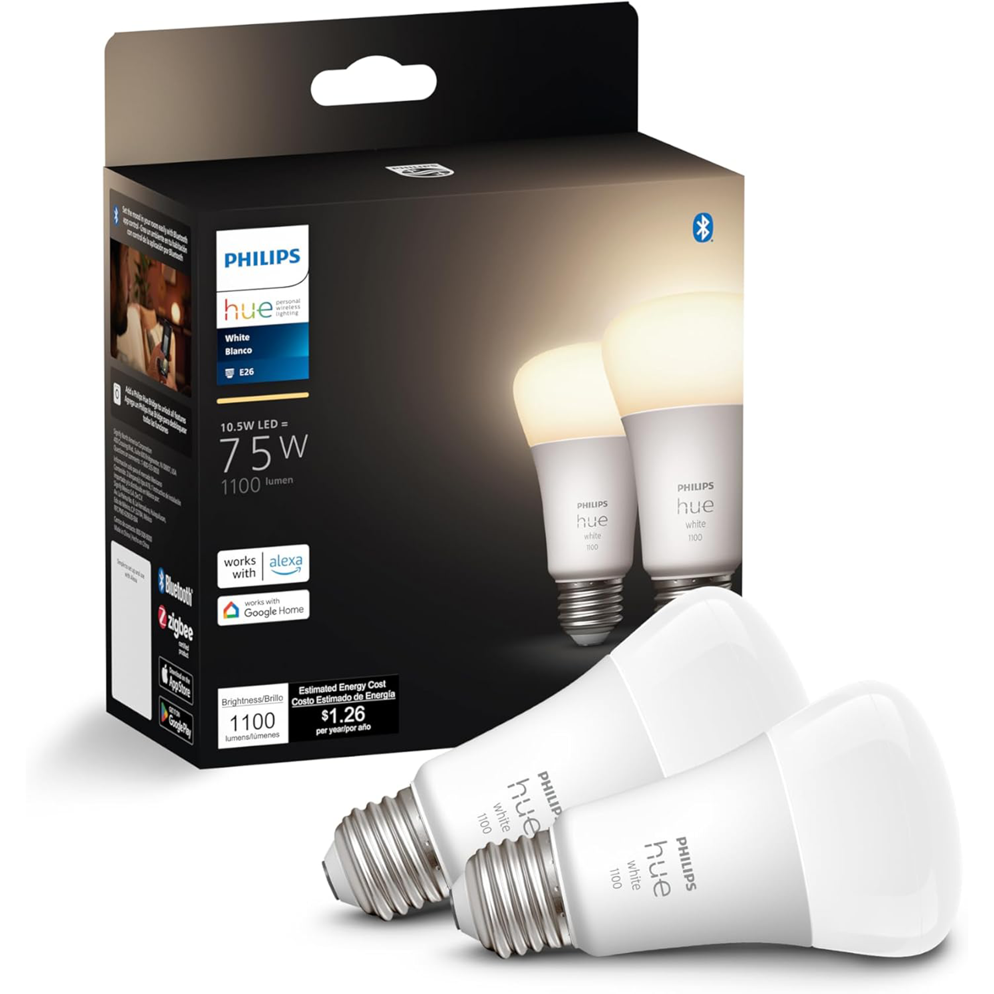 Philips Hue A19 Smart Light Bulb (White, 2-Pack)