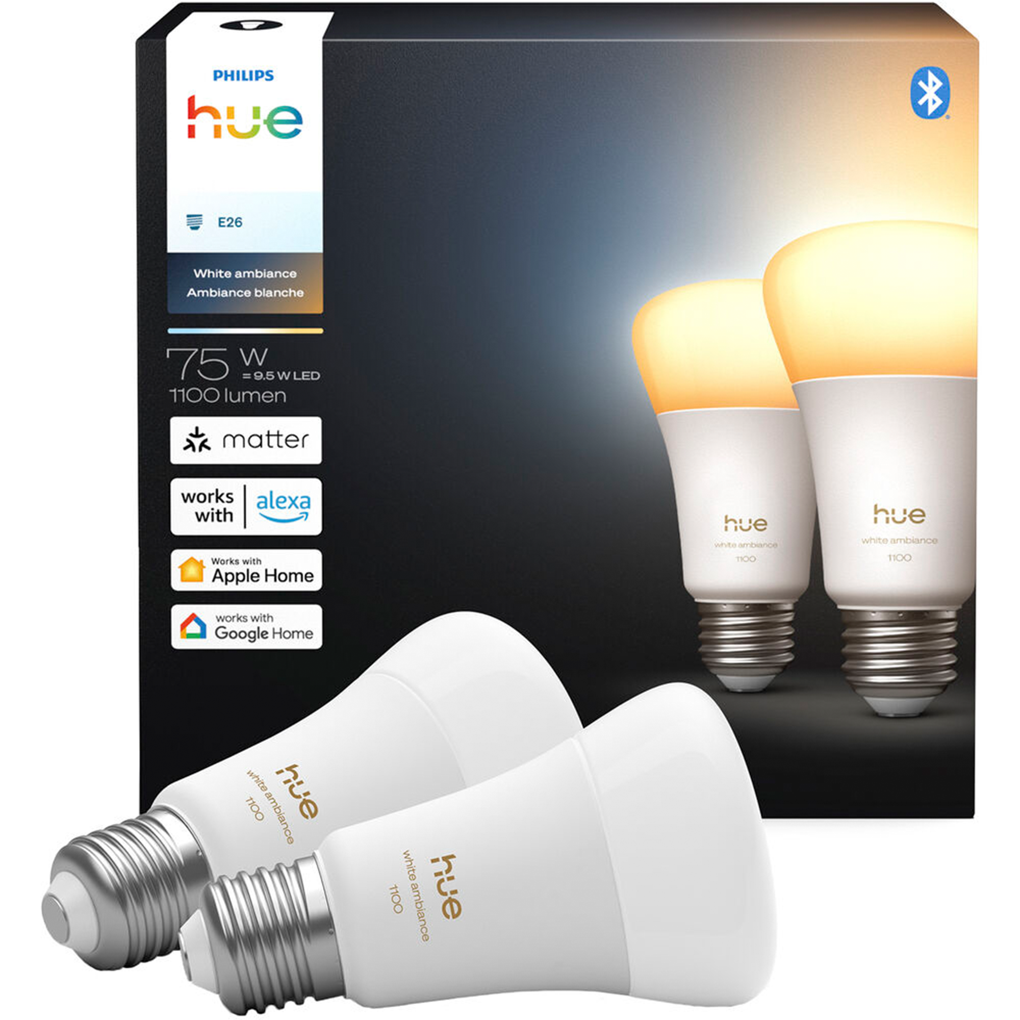 Philips Hue Smart LED A19 Bulb with Matter and Bluetooth In White Ambiance (2-Pack) - 591131