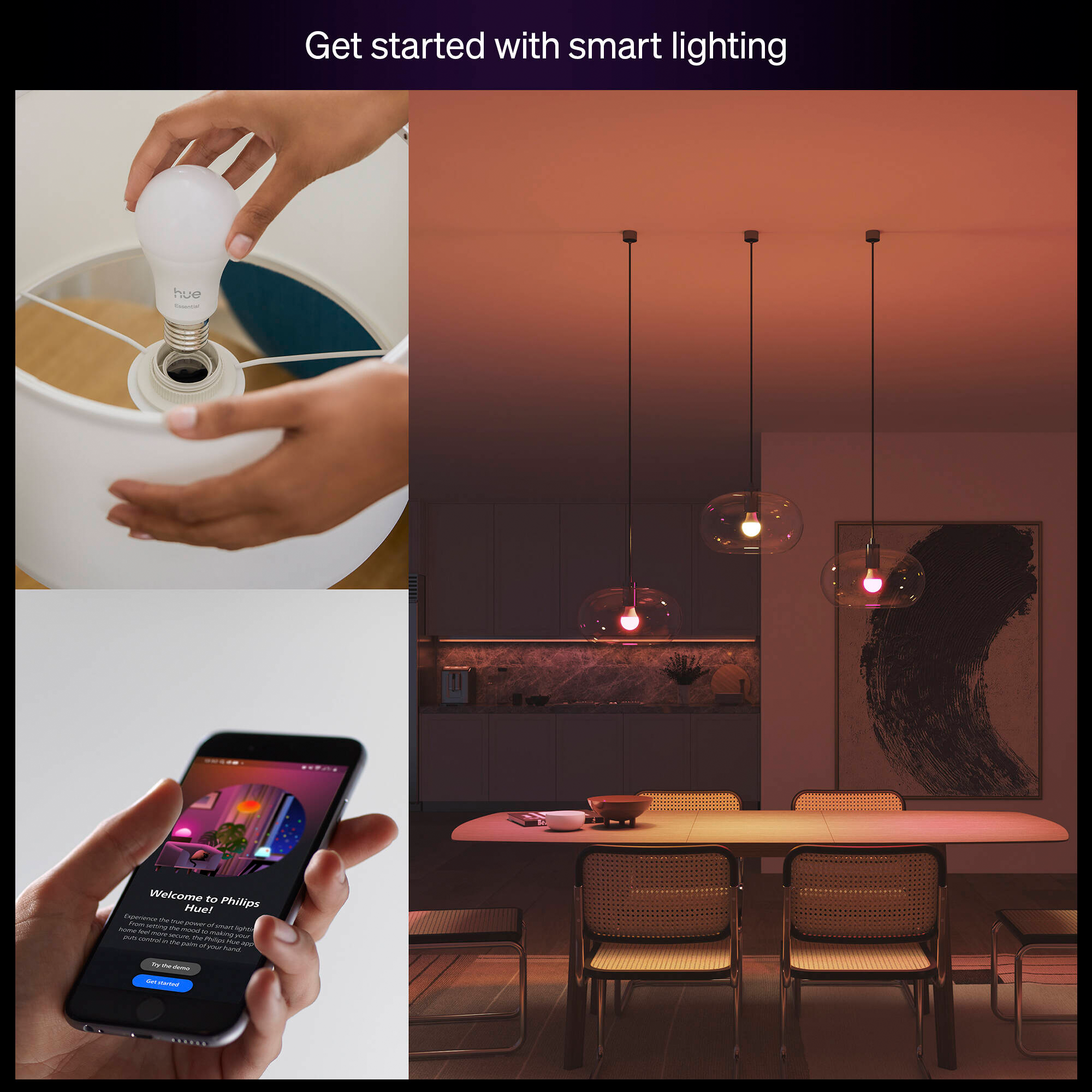 Philips Hue Essential Smart LED A19 Bulb with Matter and Bluetooth In White & Color Ambiance (4-Pack) - 592592