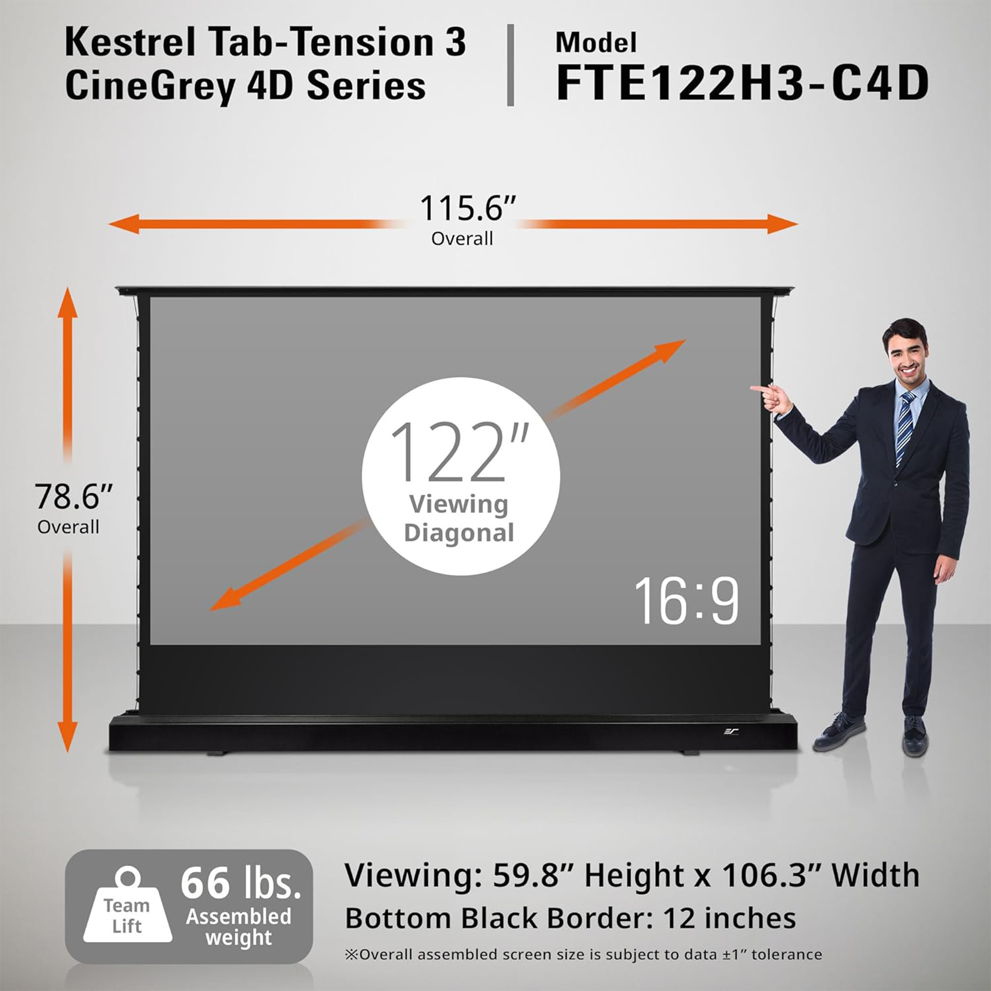 Elite Screens Kestrel Tab-Tension 3 FTE122H3-C4D 122" ALR Floor-Rising Electric Projection Screen