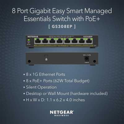 Netgear GS308EP 8-Port Gigabit PoE+ Compliant Managed Switch - GS308EP-100NAS