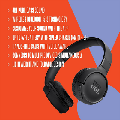 JBL Tune 520BT Wireless On-Ear Headphones (Black)