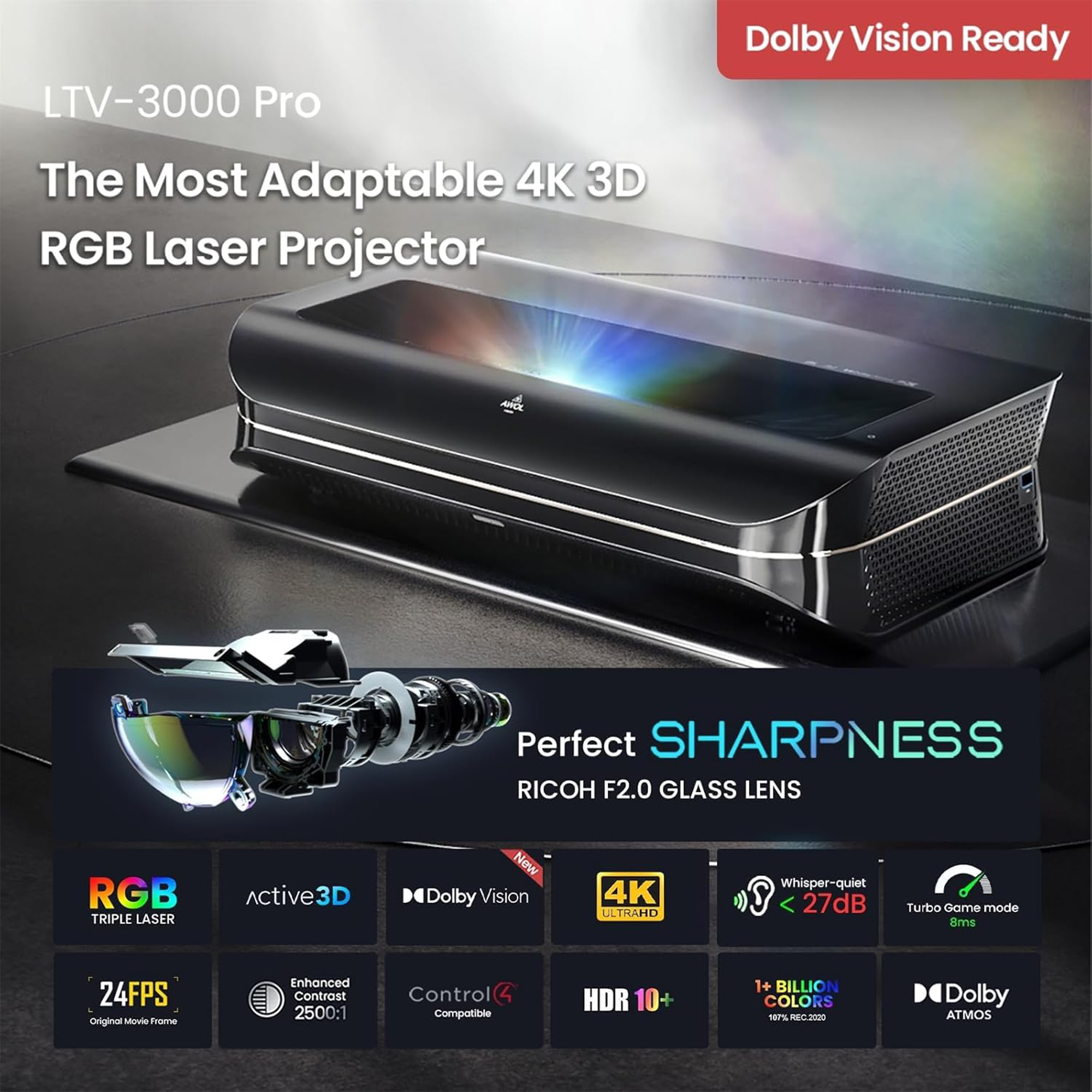 AWOL Vision LTV-3000 Pro 2000-Lumen XPR 4K 3D RGB Laser Projector