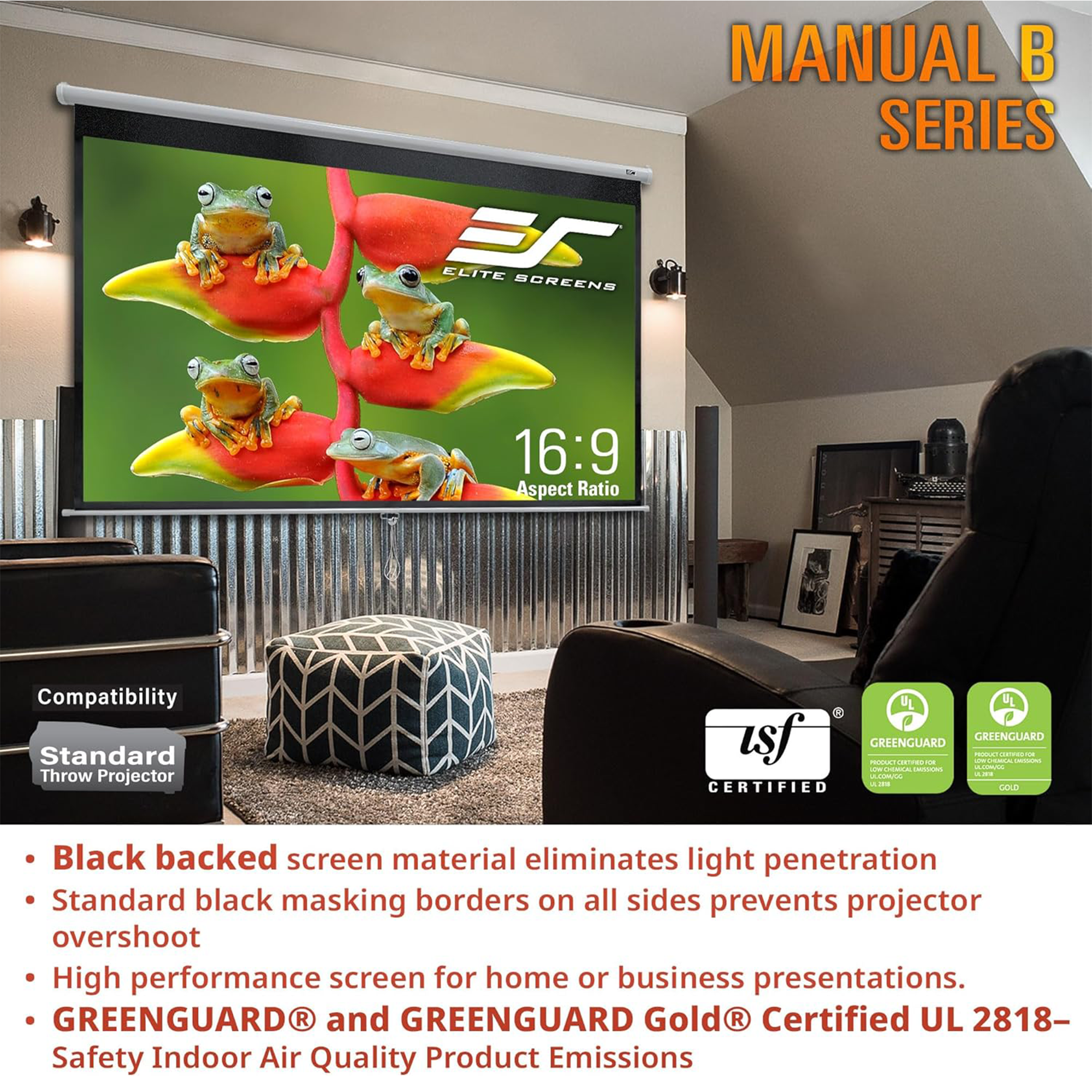 Elite Screens Manual B Series 100" Projection Screen - White