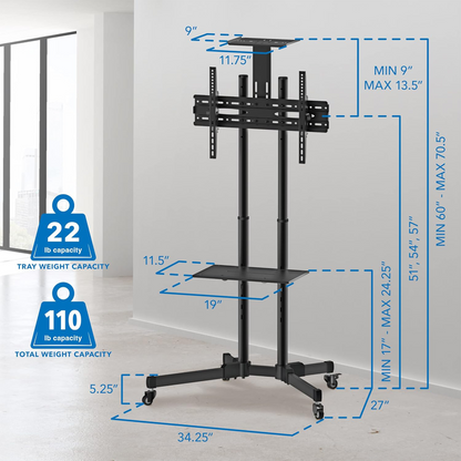 Mount-It! MI-876 Adjustable Mobile TV Cart