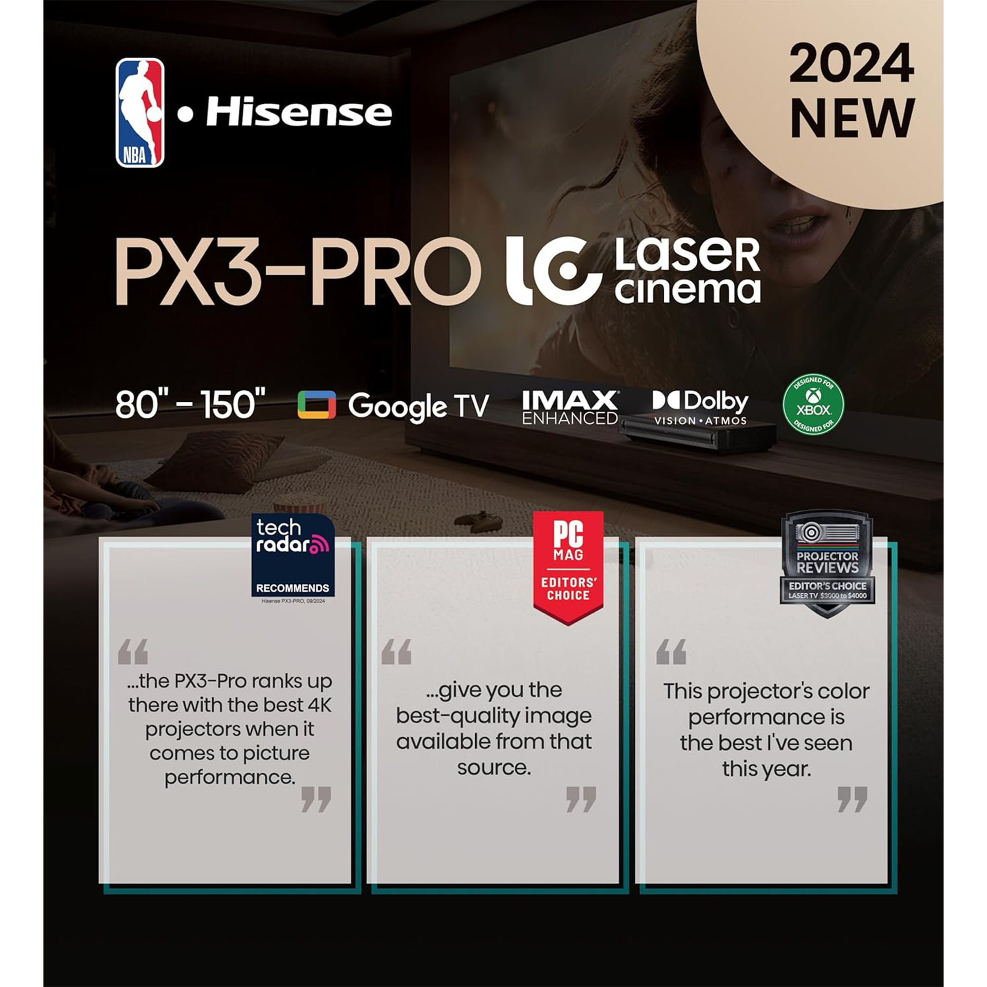 Hisense PX3-PRO 3000-Lumen 4K Ultra Short-Throw TriChroma Laser DLP Smart Projector