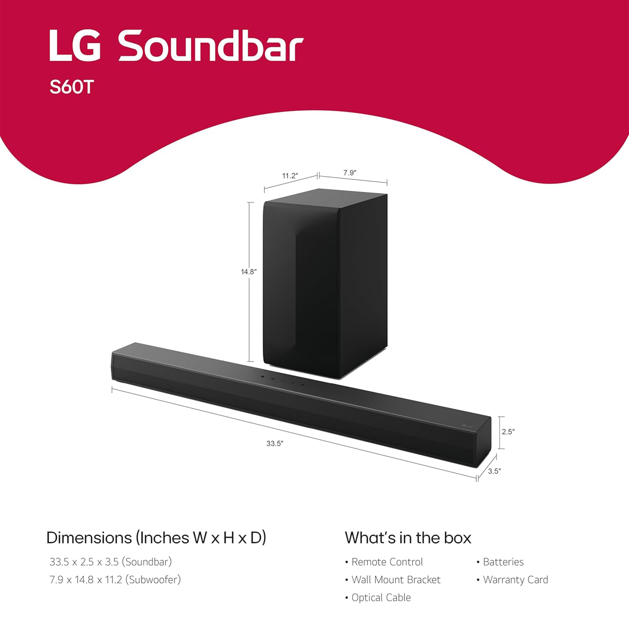 LG S60T 340W 3.1-Channel Bluetooth Soundbar with Wireless Subwoofer