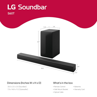 LG S60T 340W 3.1-Channel Bluetooth Soundbar with Wireless Subwoofer