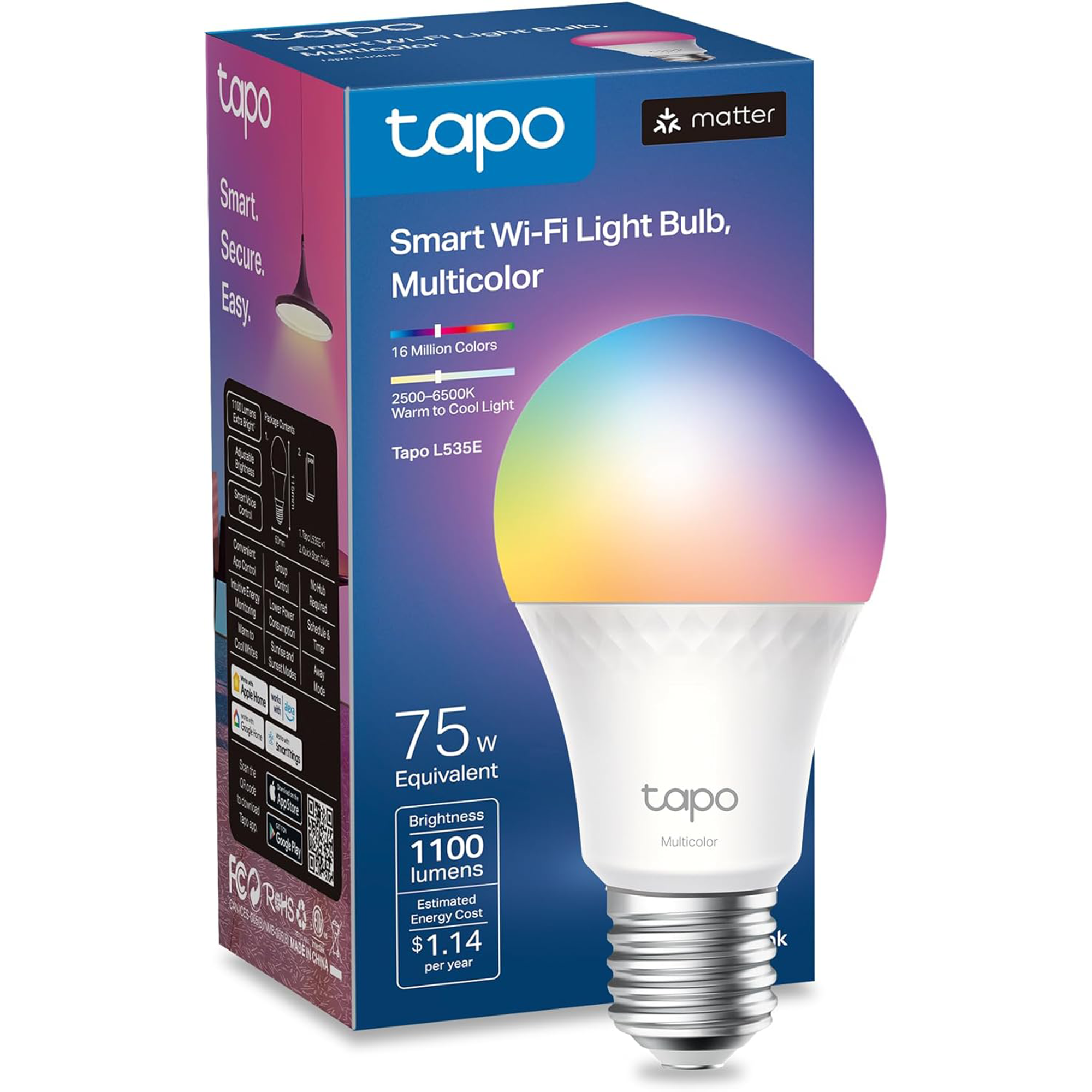 TP‑Link Tapo L535E Smart Wi‑Fi Light Bulb – A19 E26 (Matter-Certified)