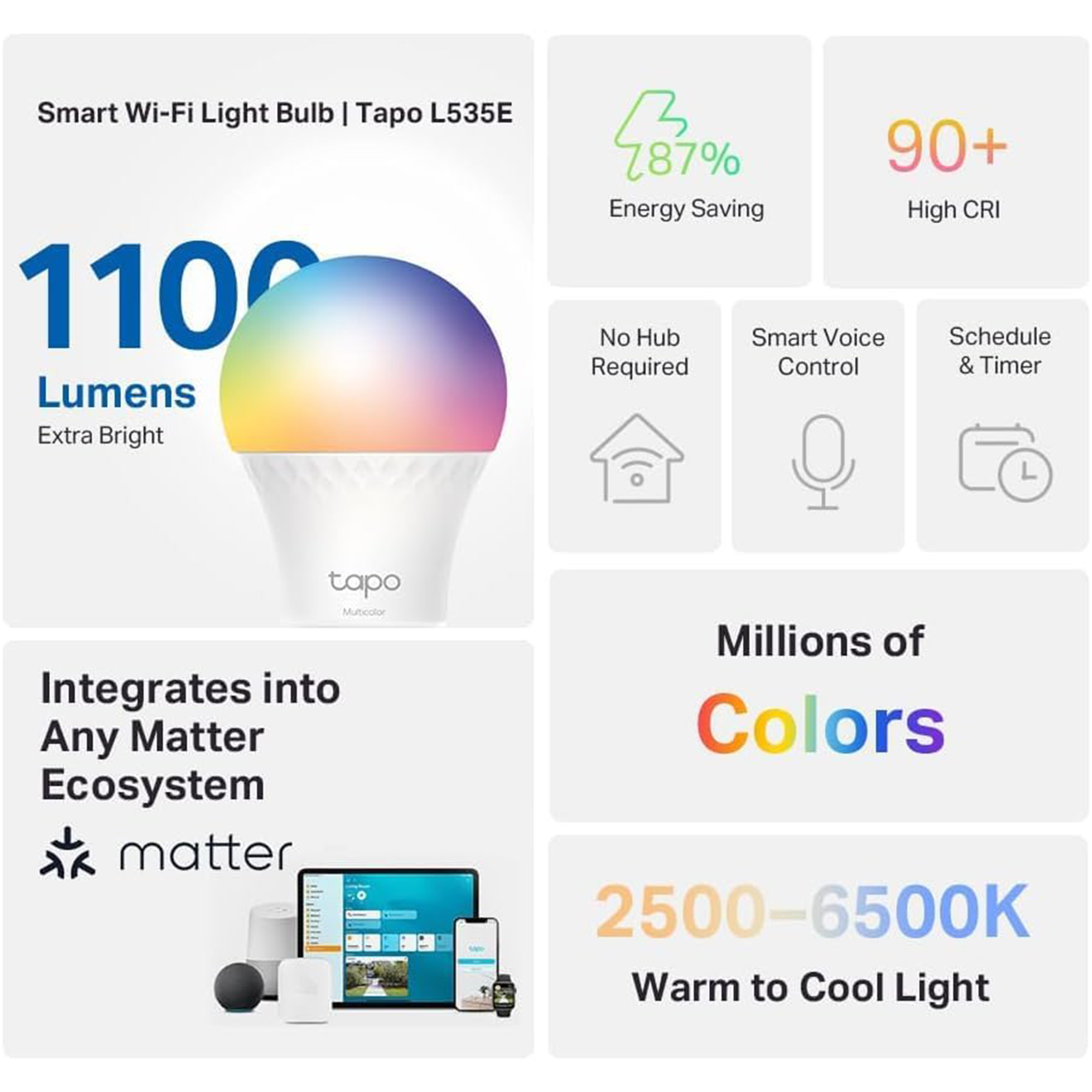 TP‑Link Tapo L535E Smart Wi‑Fi Light Bulb – A19 E26 (Matter-Certified)