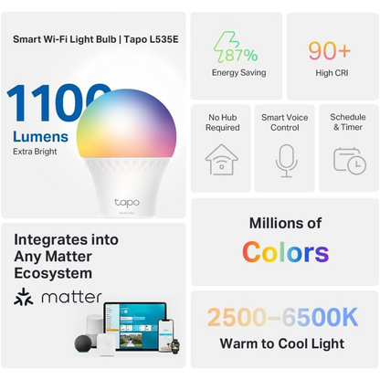 TP‑Link Tapo L535E Smart Wi‑Fi Light Bulb – A19 E26 (Matter-Certified)