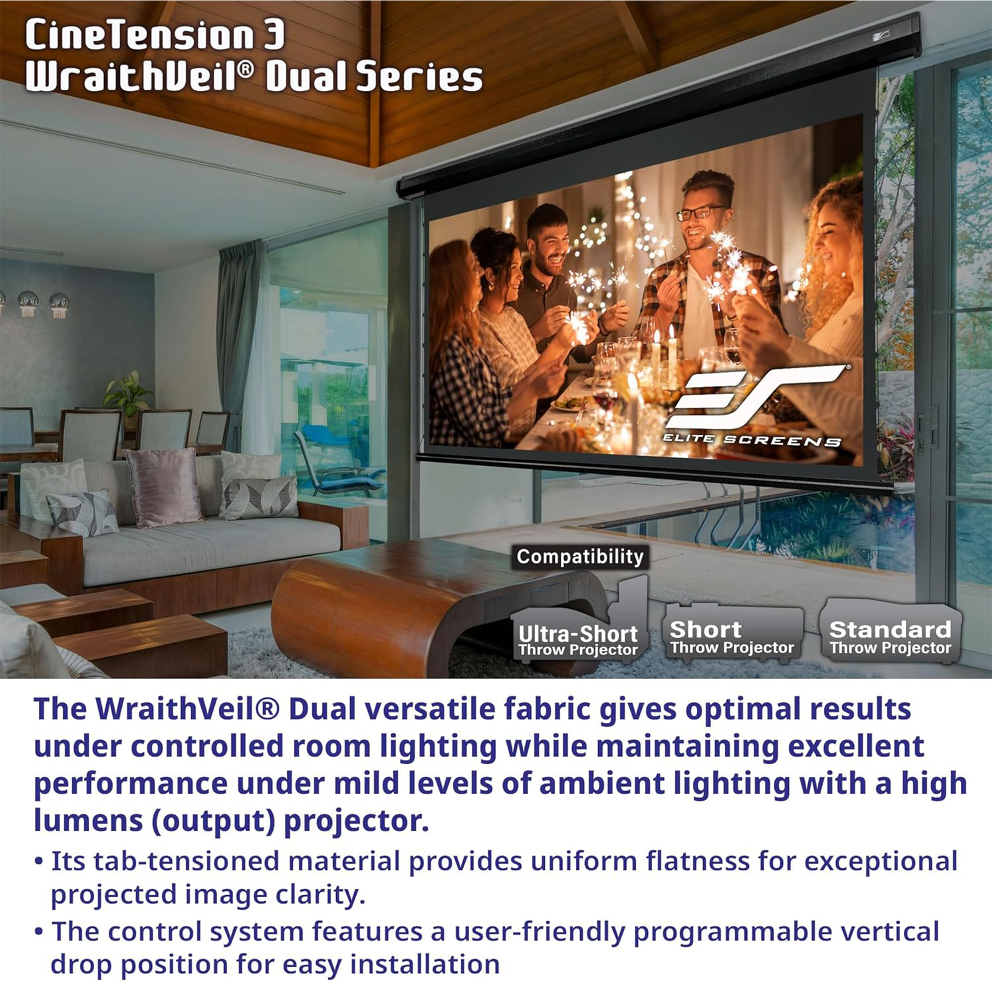 Elite Screens CineTension 3 WraithVeil TE120HR3-DUAL 120" Electric Projection Screen