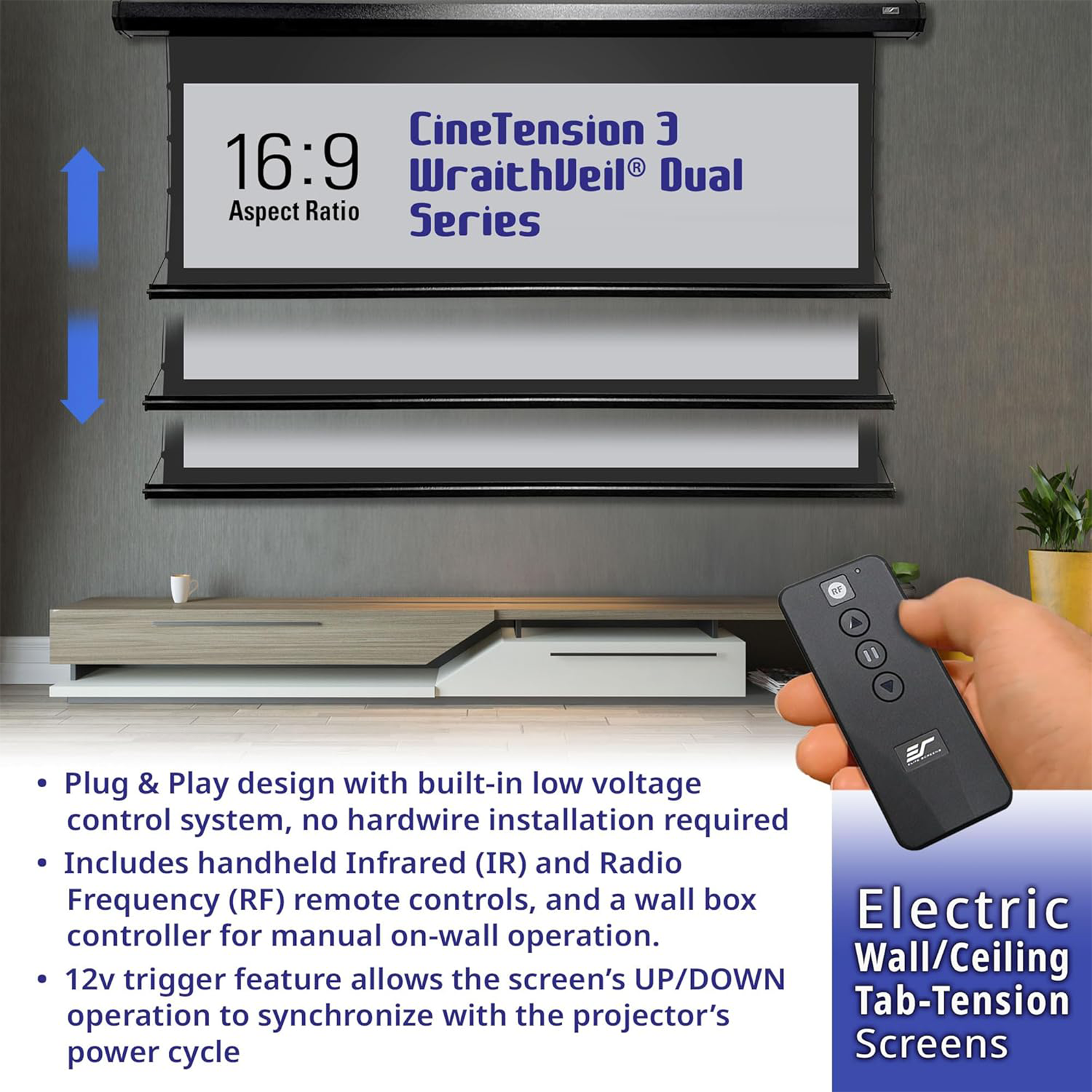 Elite Screens CineTension 3 WraithVeil TE120HR3-DUAL 120" Electric Projection Screen