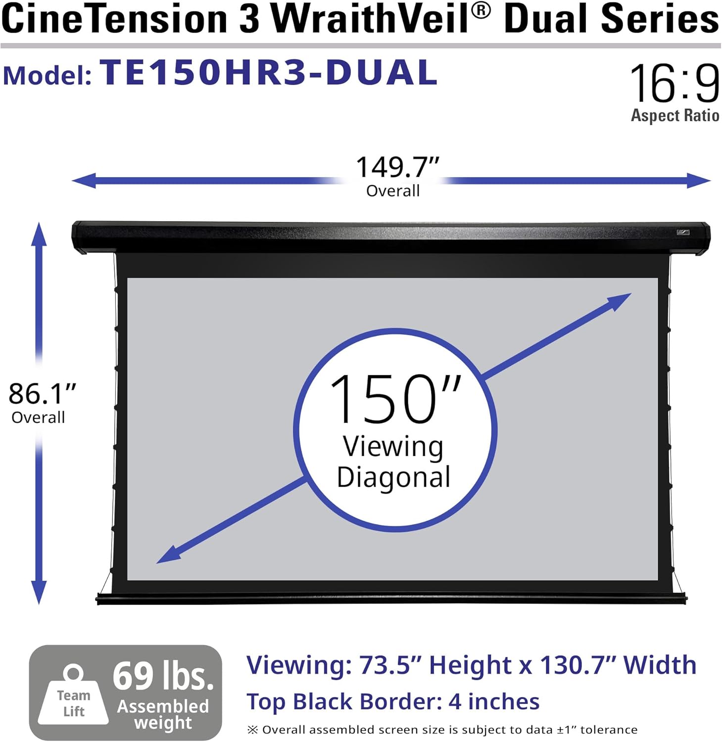 Elite Screens CineTension 3 WraithVeil TE150HR3-DUAL 150" Electric Projection Screen